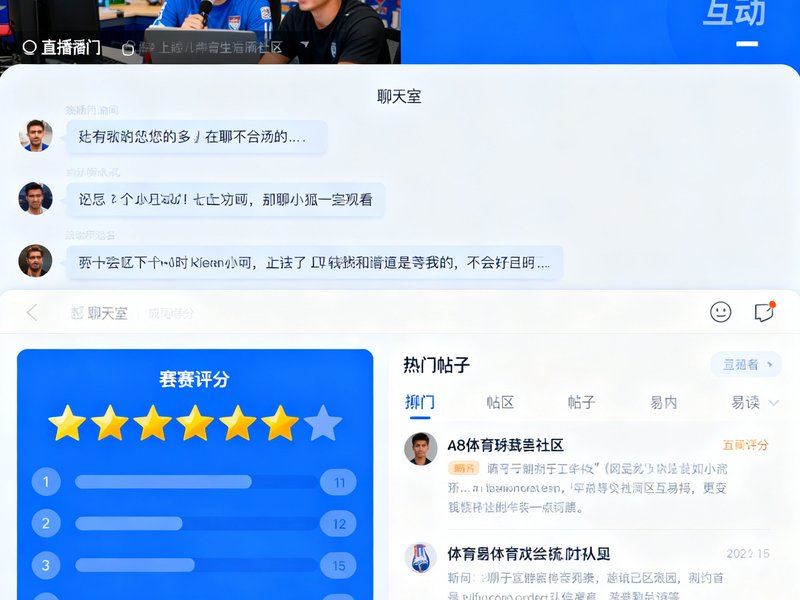a8体育球迷社区互动界面展示图，显示直播间聊天室消息滚动、赛后评分星级和热门帖子列表。