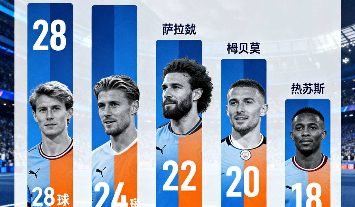 英超联赛本赛季射手榜前五名球员的进球数对比柱状图，哈兰德以28球领跑，数据清晰标注了每位球员的出场次数和进球效率。