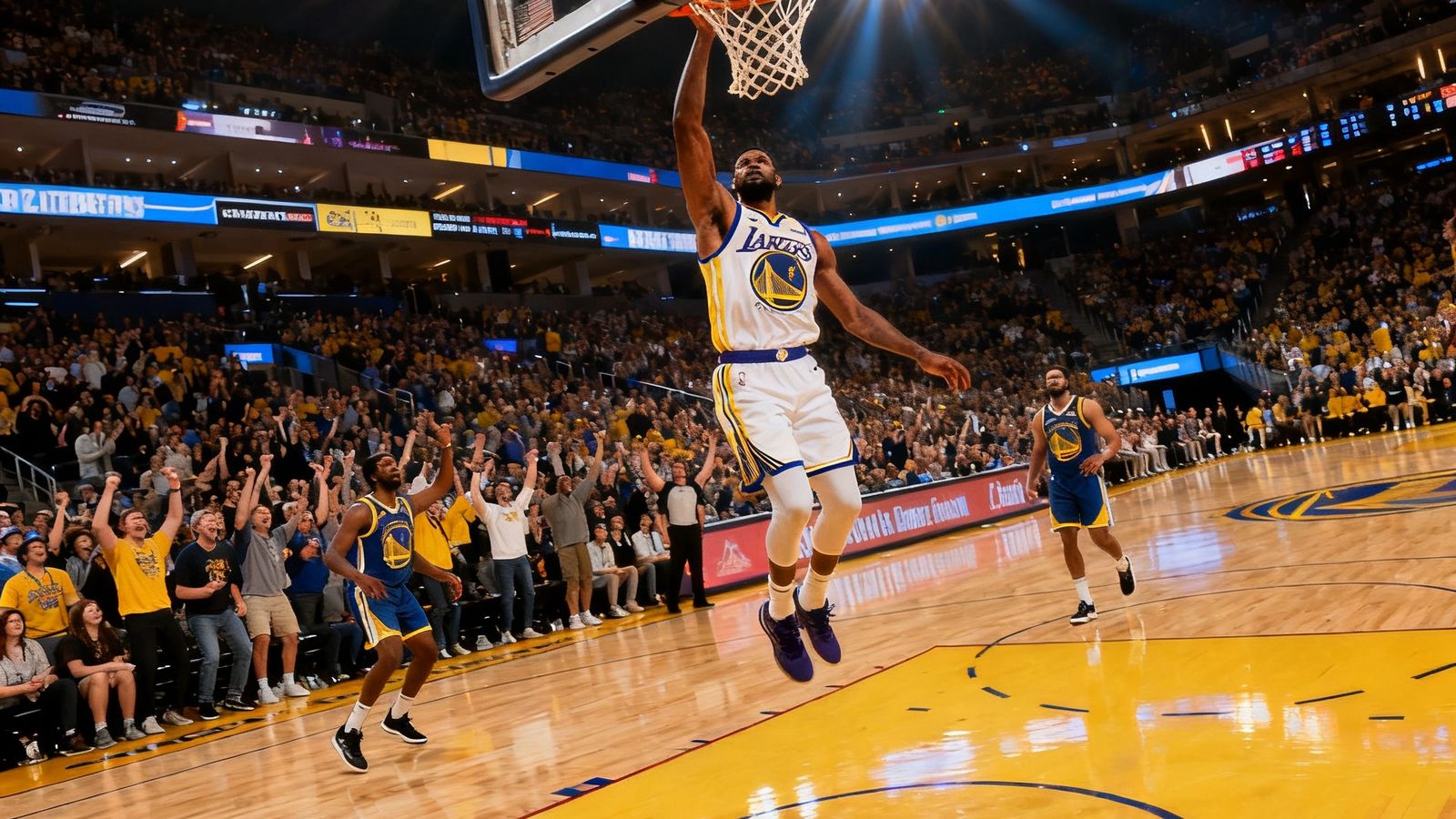 NBA常规赛洛杉矶湖人对阵金州勇士的直播画面,球员飞身扣篮瞬间被定格,球馆内观众席座无虚席,灯光效果炫目。